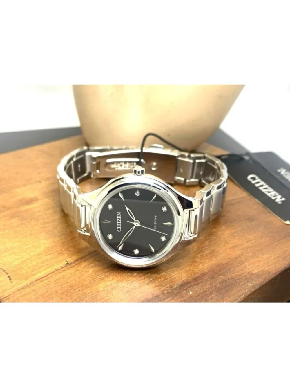 Citizen Womens Watch FE2100-51E Eco Drive Diamond Accent Black Dial Silver Steel